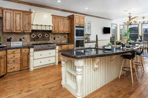 Kitchen featuring sink, light hardwood / wood-style flooring, appliances with stainless steel finishes, a kitchen island with sink, and custom exhaust hood