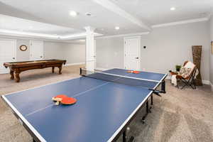 Recreation room with crown molding, carpet floors, pool table, and a tray ceiling