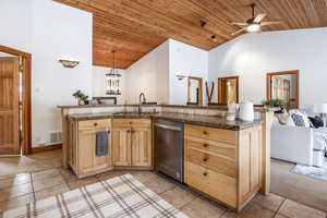 Kitchen with sink, hanging light fixtures, wooden ceiling, light brown cabinetry, and stainless steel dishwasher