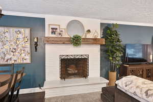 Living room featuring crown molding and a textured ceiling