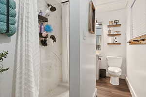 Bathroom with a shower with curtain, hardwood / wood-style flooring, and toilet