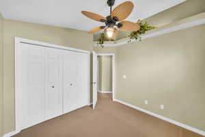 Unfurnished bedroom featuring carpet floors, a closet, and ceiling fan