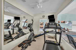 Workout area with ceiling fan