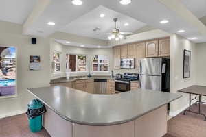 Kitchen with light brown cabinetry, sink, carpet floors, and appliances with stainless steel finishes