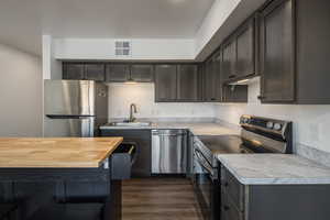 Kitchen featuring stainless steel appliances, dark brown cabinets, sink, and dark hardwood / wood-style floors