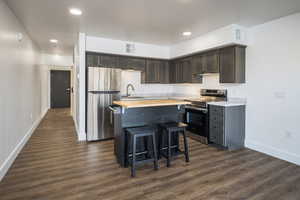 Kitchen with butcher block counters, dark hardwood / wood-style flooring, stainless steel appliances, and a kitchen island