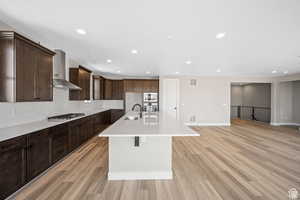 Kitchen with wall chimney range hood, sink, appliances with stainless steel finishes, light stone countertops, and an island with sink