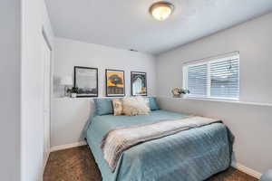 Bedroom with carpet floors and door to bathroom.