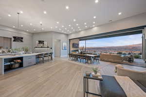 Living room featuring a mountain view and light hardwood / wood-style flooring