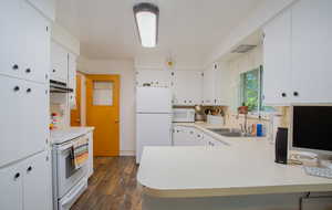 Kitchen with sink, white appliances, kitchen peninsula, and white cabinets