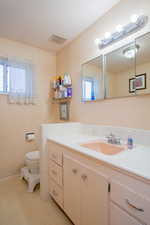 Bathroom featuring vanity, toilet, and a wealth of natural light