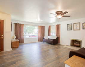 Living room featuring dark wood-type flooring and ceiling fan