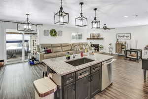 Kitchen featuring stainless steel dishwasher, sink, and hanging light fixtures