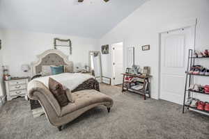 Carpeted bedroom with lofted ceiling and ceiling fan