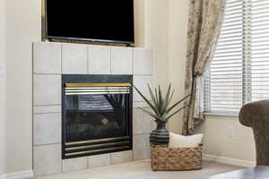 Interior details featuring a tiled fireplace