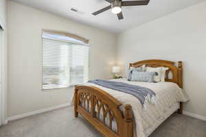 Carpeted bedroom with ceiling fan