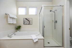 Full bathroom featuring a shower stall, a garden tub, and toilet