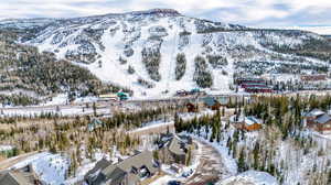 Snowy aerial view featuring a mountain view