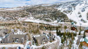 Snowy aerial view with a mountain view