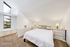 Bedroom featuring vaulted ceiling, a textured ceiling, and carpet flooring