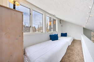 Carpeted bedroom featuring lofted ceiling and a textured ceiling