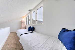 Bedroom featuring carpet floors, a textured ceiling, and vaulted ceiling