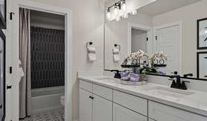 Full bathroom with vanity, toilet, and shower / tub combo