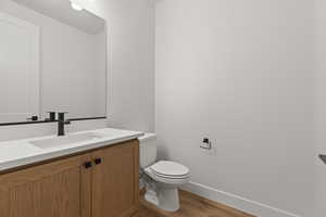 Bathroom with vanity, wood-type flooring, and toilet