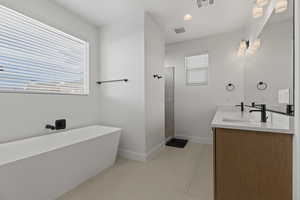 Bathroom featuring vanity and separate shower and tub