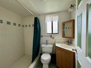 Bathroom with a shower with curtain, vanity, and toilet