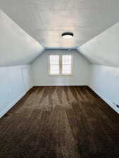 Bonus room featuring vaulted ceiling, carpet flooring, and a textured ceiling