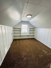 Additional living space with dark colored carpet, vaulted ceiling, and built in shelves