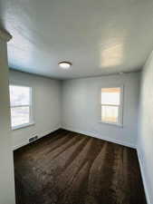 Carpeted empty room featuring plenty of natural light and a textured ceiling