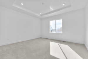 Spare room with visible vents, baseboards, a raised ceiling, recessed lighting, and light carpet