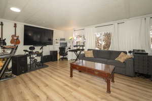 Living room featuring ornamental molding and light wood-type flooring