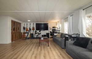 Living room featuring crown molding and hardwood / wood-style floors