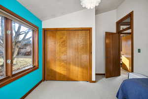 Carpeted bedroom featuring vaulted ceiling and a closet