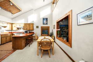 Tiled dining room with rail lighting, sink, and high vaulted ceiling