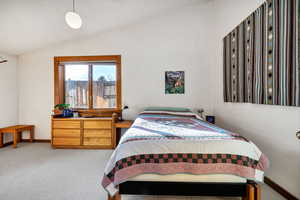 Carpeted bedroom featuring vaulted ceiling