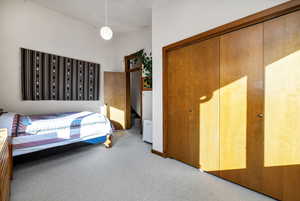 Carpeted bedroom featuring a towering ceiling and a closet