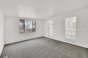 Unfurnished room with light colored carpet