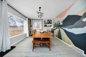 Dining space with rail lighting and light hardwood / wood-style flooring