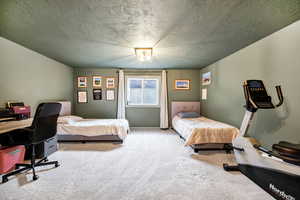 Carpeted bedroom featuring a textured ceiling