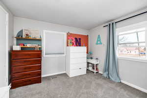 Bedroom with light colored carpet