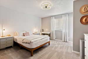 Carpeted bedroom featuring a textured ceiling