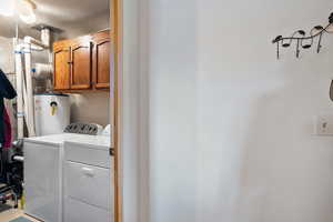 Laundry room with cabinet space, water heater, a textured ceiling, and washing machine and clothes dryer