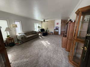 Carpeted living room with crown molding, ceiling fan, and a textured ceiling