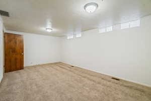 Basement with a textured ceiling and carpet flooring