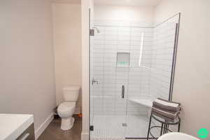 Bathroom with vanity, toilet, and a shower with shower door