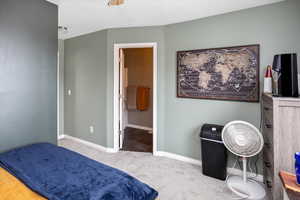 Bedroom with light colored carpet and ensuite bathroom